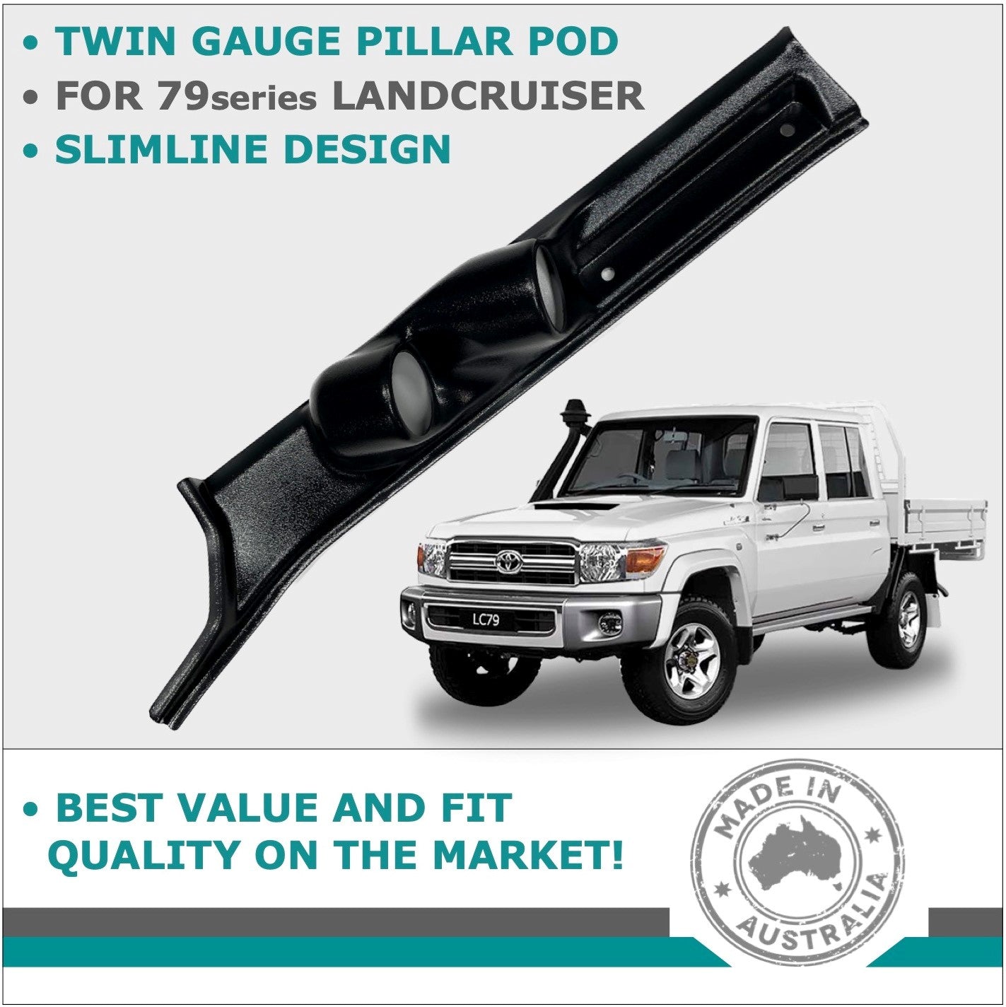 DUAL PILLAR POD 2 GAUGE HOLDER FOR TOYOTA LANDCRUISER 79 SERIES 09-23 IN BLACK