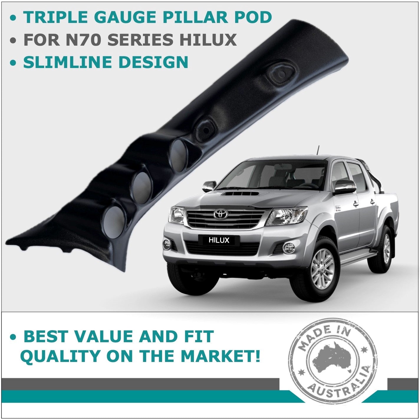 TRIPLE PILLAR POD 3 GAUGE HOLDER FOR TOYOTA HILUX N70 KUN 05-15 TRIM COLOUR BLACK
