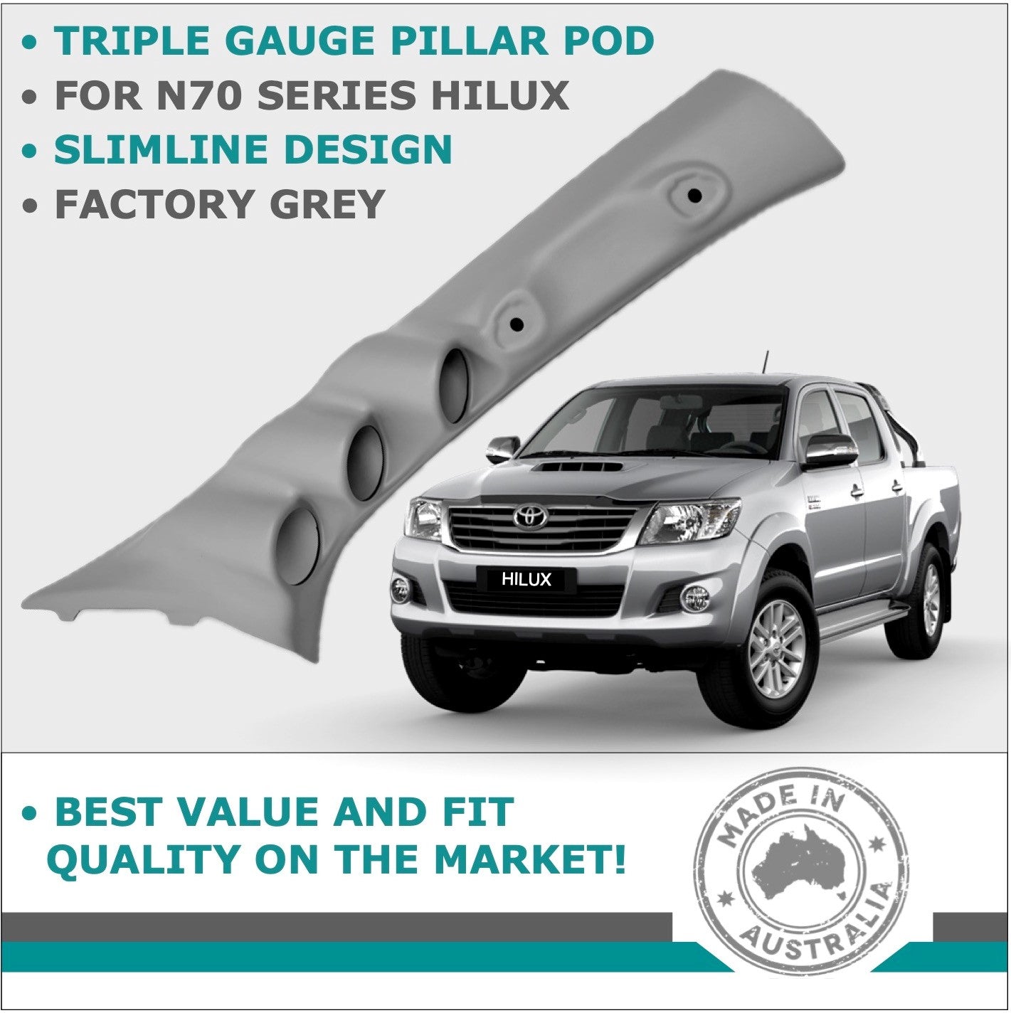 TRIPLE PILLAR POD 3 GAUGE HOLDER FOR TOYOTA HILUX N70 KUN 05-15 TRIM COLOUR LIGHT GREY