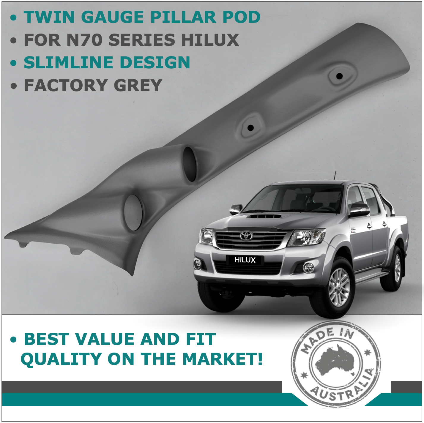 DUAL PILLAR POD 2 GAUGE HOLDER FOR TOYOTA HILUX N70 KUN 05-15 TRIM COLOUR LIGHT GREY
