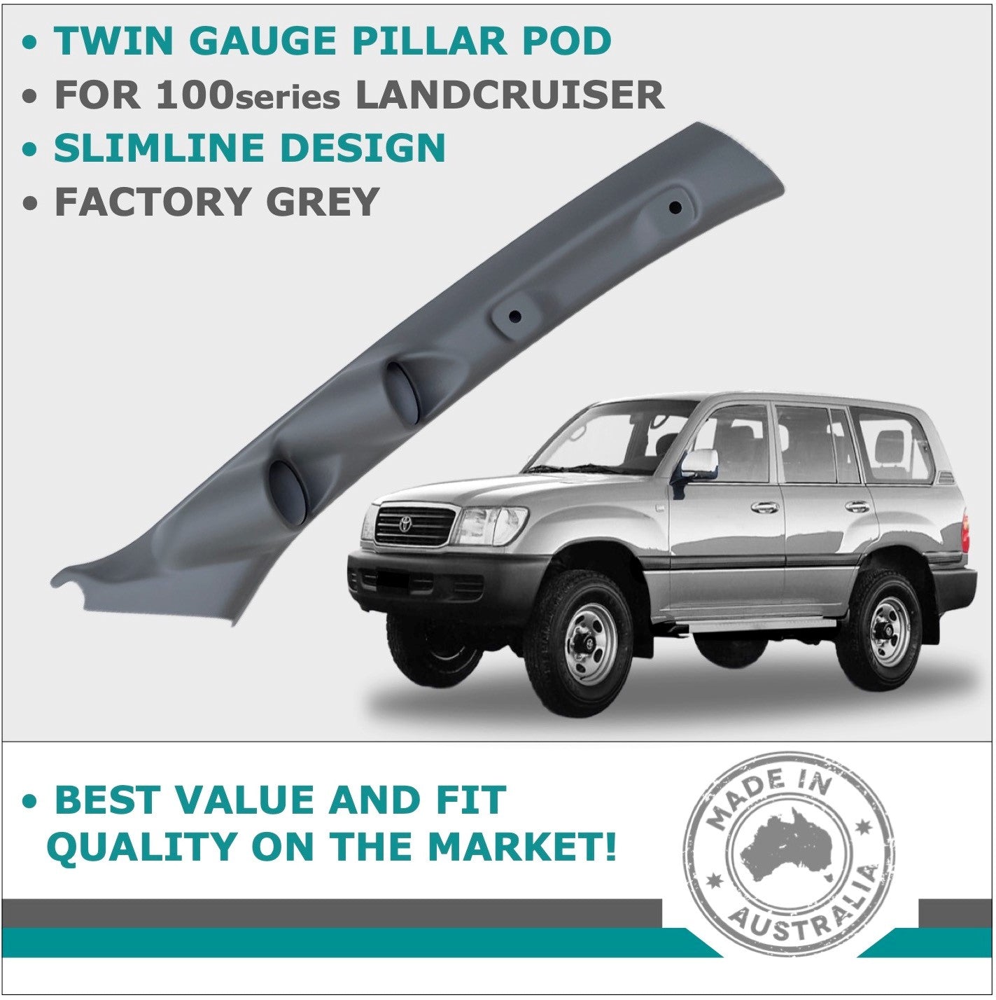 DUAL PILLAR POD 2 GAUGE HOLDER FOR TOYOTA 100/105 SERIES LANDCRUISER 98-07 TRIM COLOUR GREY