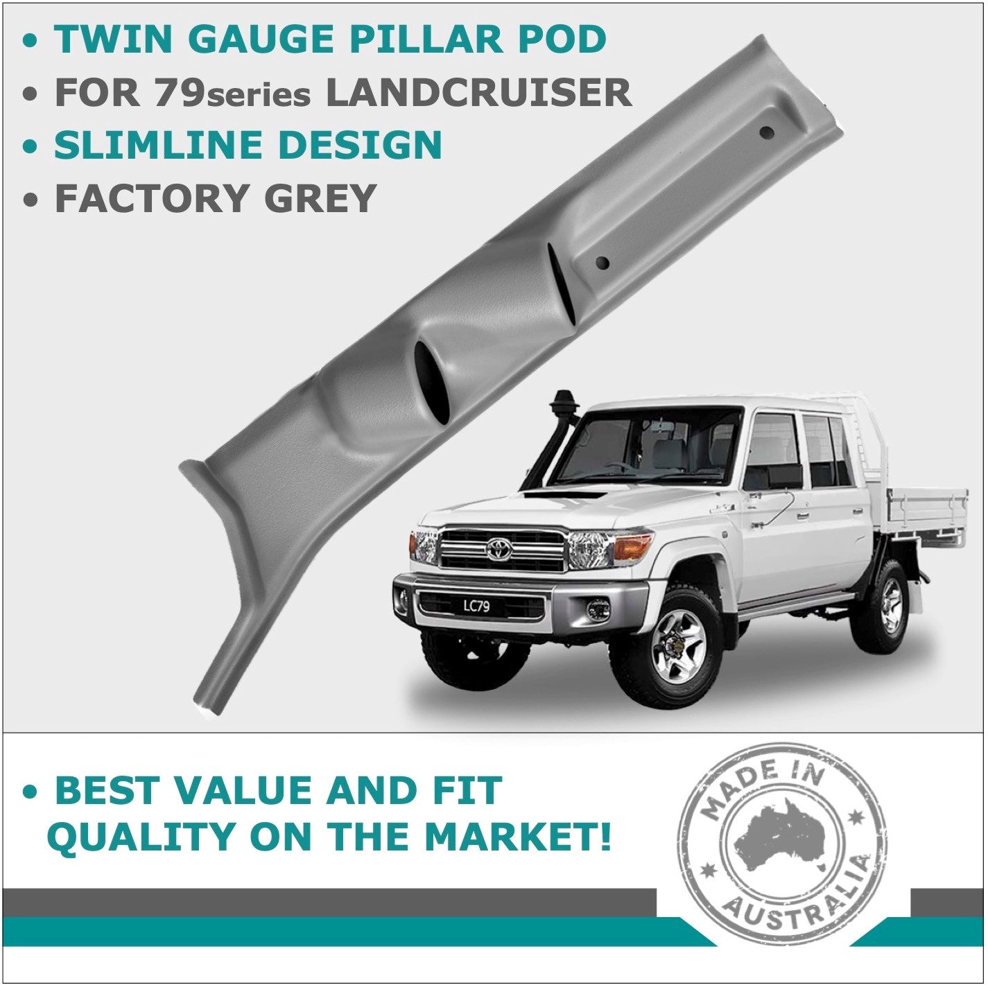 DUAL PILLAR POD 2 GAUGE HOLDER FOR TOYOTA LANDCRUISER 79 SERIES 09-23 IN GREY