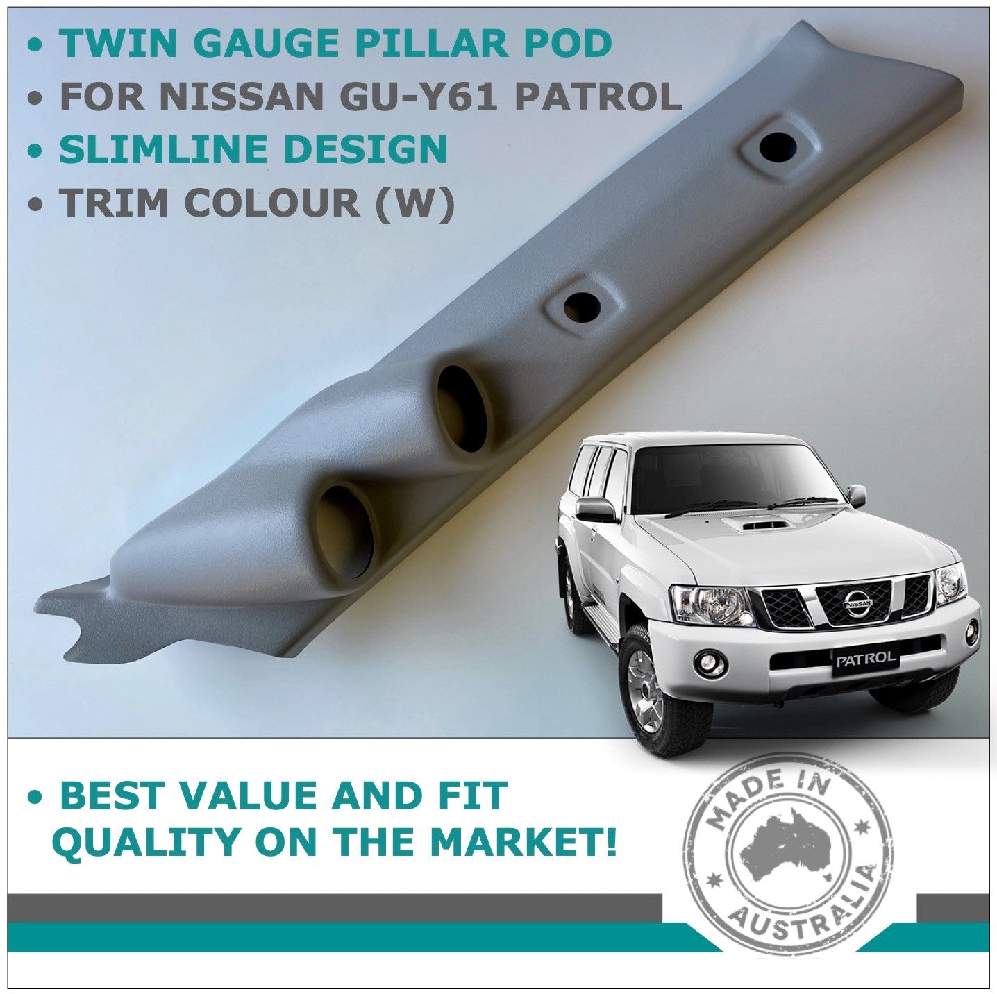 DUAL PILLAR POD 2 GAUGE HOLDER FOR NISSAN GU PATROL 1997 - 2016 TRIM COLOUR W