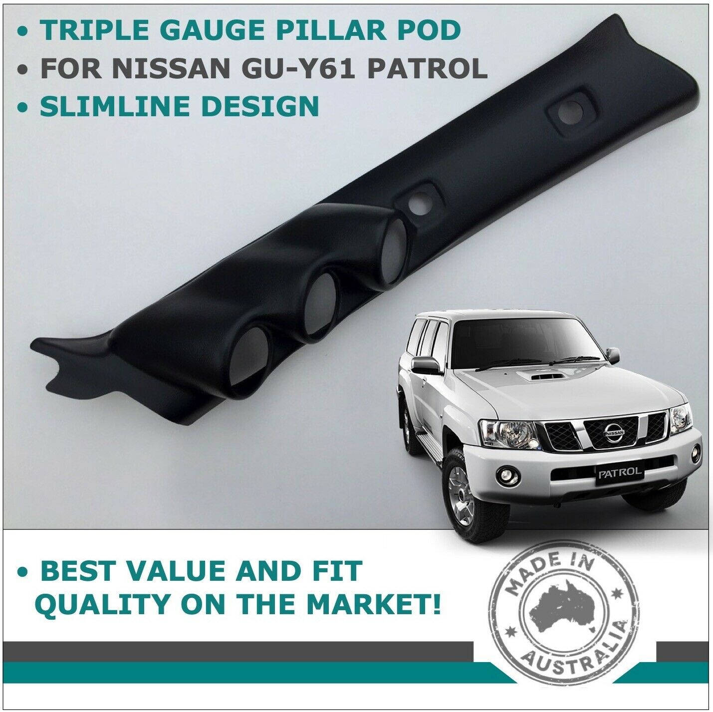 TRIPLE PILLAR POD 3 GAUGE HOLDER MOUNT BLACK FOR NISSAN GU Y61 PATROL 1997-2016