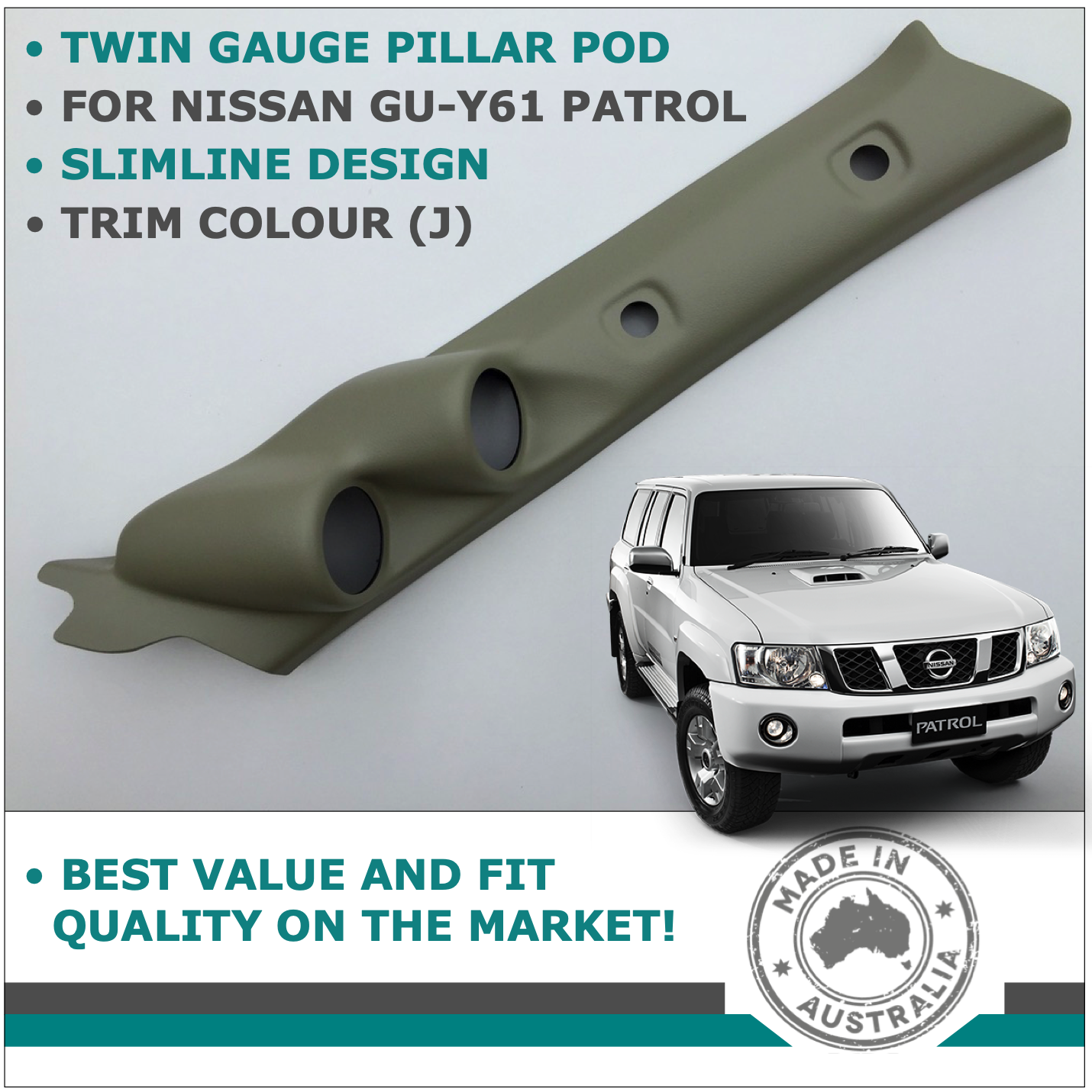 DUAL PILLAR POD 2 GAUGE HOLDER FOR NISSAN GU PATROL 1997 - 2016 TRIM COLOUR J