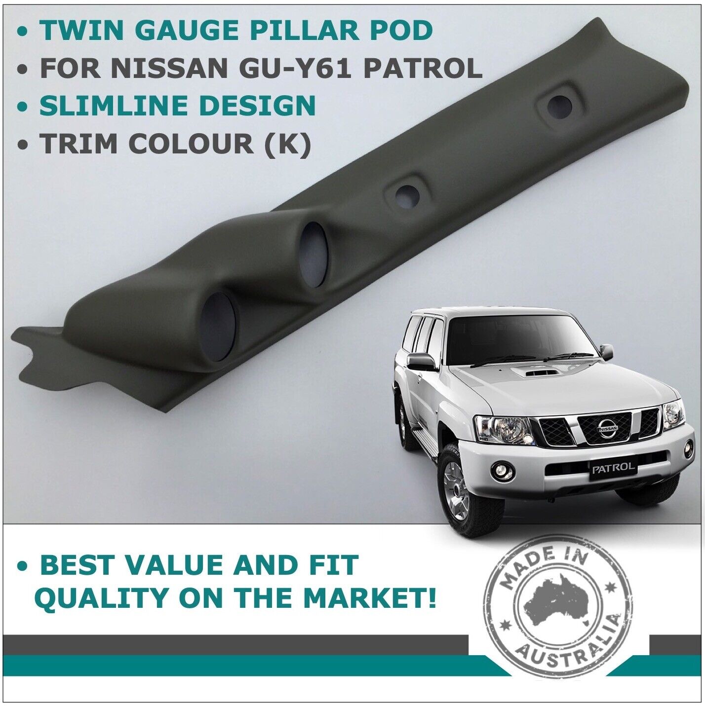 DUAL PILLAR POD 2 GAUGE HOLDER FOR NISSAN GU PATROL 1997 - 2016 TRIM COLOUR K