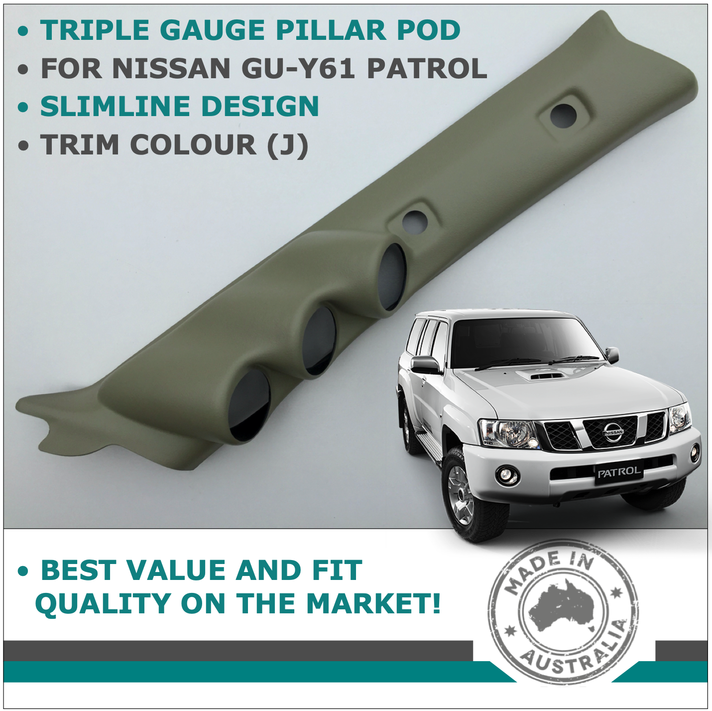 TRIPLE PILLAR POD 3 GAUGE HOLDER FOR NISSAN GU PATROL 1997 - 2016 TRIM COLOUR J