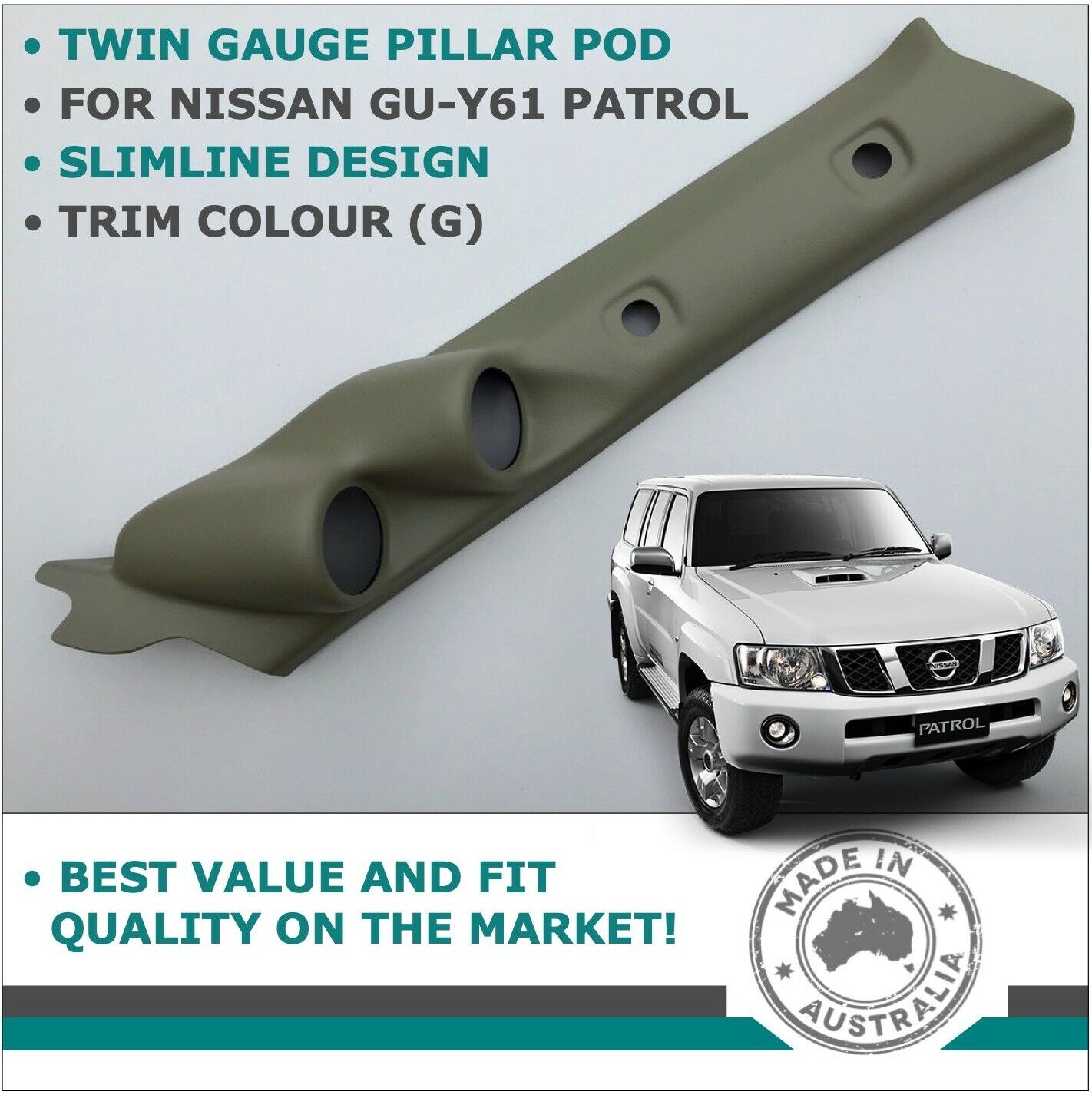 DUAL PILLAR POD 2 GAUGE HOLDER FOR NISSAN GU PATROL 1997 - 2016 TRIM COLOUR G